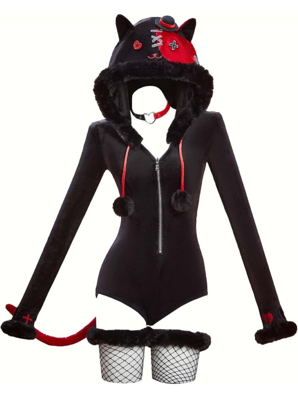 Gothic Furry Hooded Bodysuit Romper - Deep V Cat Costume for Halloween